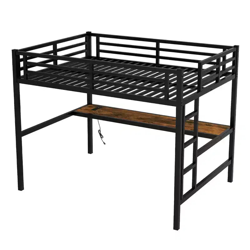 Lit mezzanine Bellemave en métal pleine grandeur avec bureau, prise de courant, port USB et lumières LED, lit d'étude peu encombrant avec barrières de sécurité, noir