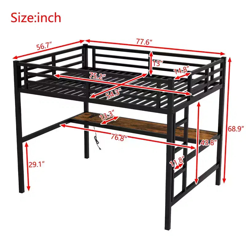Lit mezzanine Bellemave en métal pleine grandeur avec bureau, prise de courant, port USB et lumières LED, lit d'étude peu encombrant avec barrières de sécurité, noir