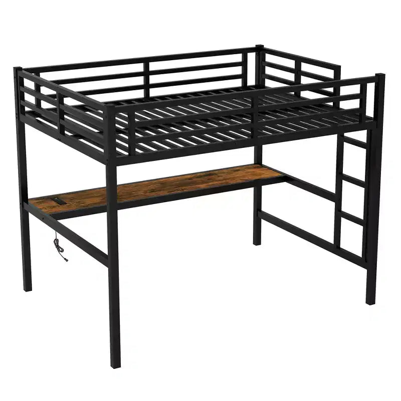 Lit mezzanine Bellemave en métal pleine grandeur avec bureau, prise de courant, port USB et lumières LED, lit d'étude peu encombrant avec barrières de sécurité, noir