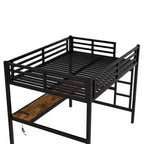 Lit mezzanine Bellemave en métal pleine grandeur avec bureau, prise de courant, port USB et lumières LED, lit d'étude peu encombrant avec barrières de sécurité, noir
