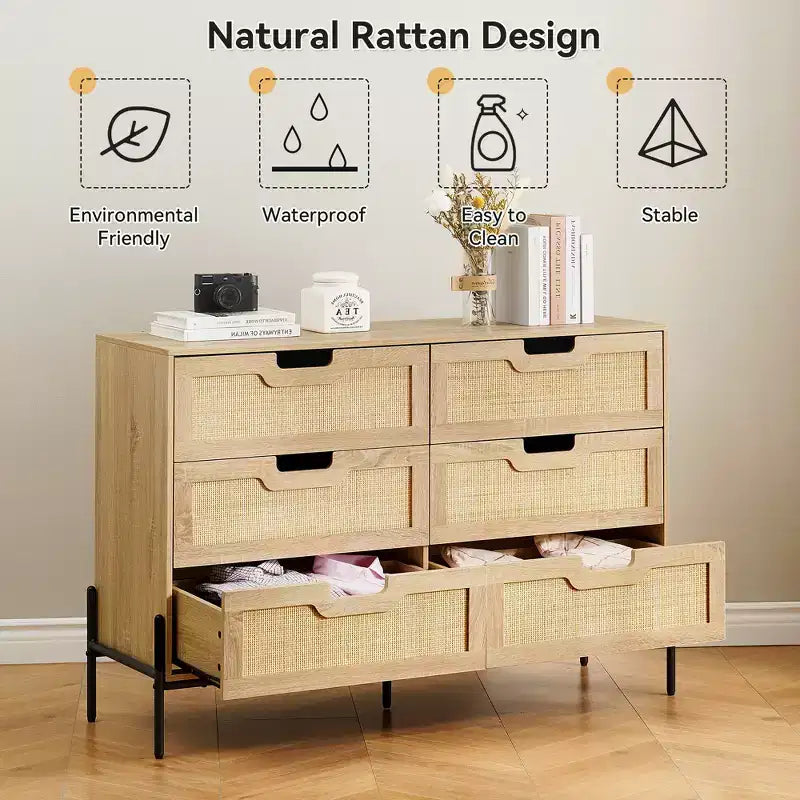 Grande commode large à 6 tiroirs, pieds en métal robustes, commode de style ferme pour placard, salon, chambre à coucher,
