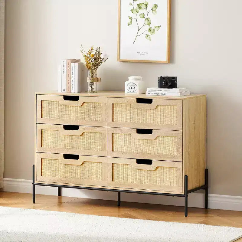 Grande commode large à 6 tiroirs, pieds en métal robustes, commode de style ferme pour placard, salon, chambre à coucher,