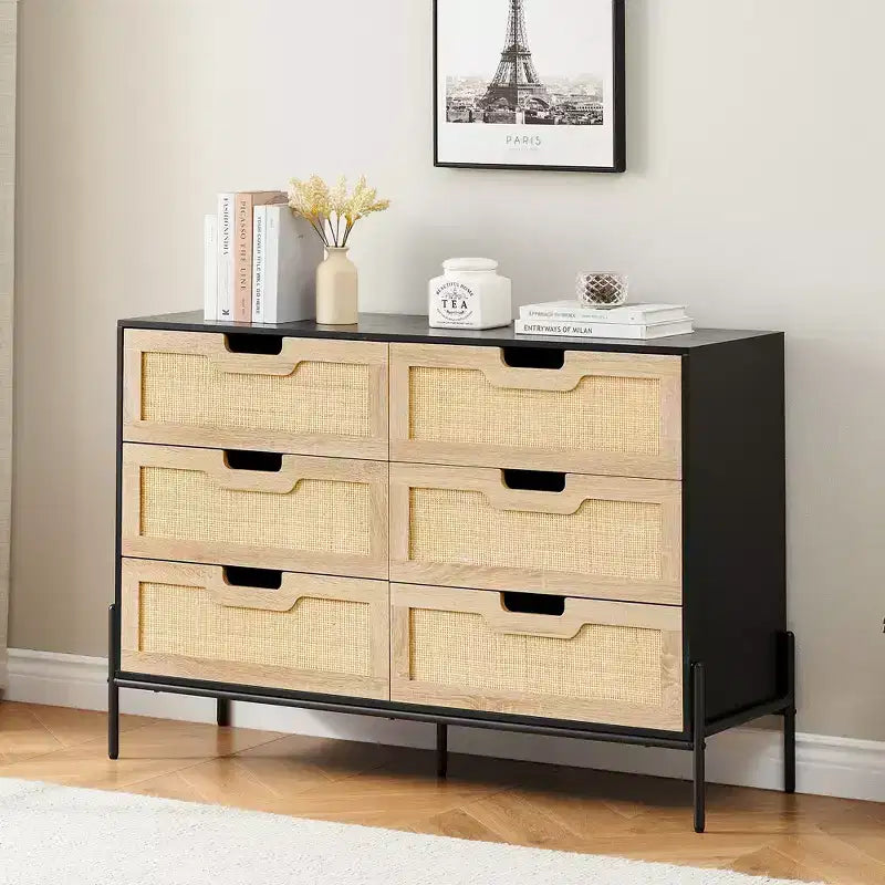 Grande commode large à 6 tiroirs, pieds en métal robustes, commode de style ferme pour placard, salon, chambre à coucher,