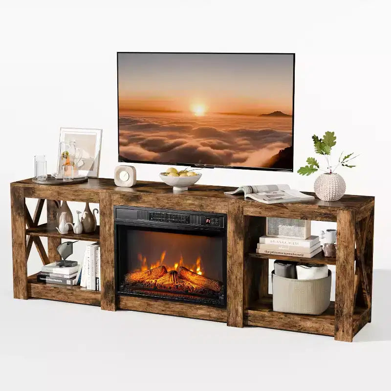 Meuble TV VINGLI avec cheminée pour téléviseurs jusqu'à 80 pouces, meuble de divertissement style ferme avec foyer électrique et étagères réglables