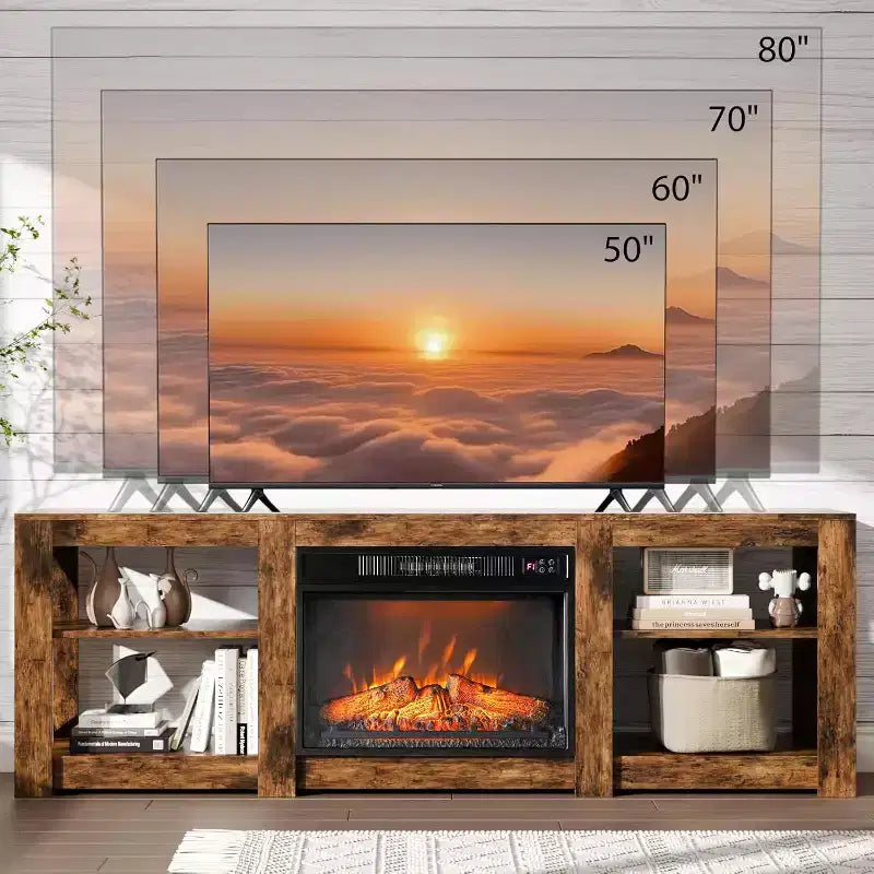 Meuble TV VINGLI avec cheminée pour téléviseurs jusqu'à 80 pouces, meuble de divertissement style ferme avec foyer électrique et étagères réglables