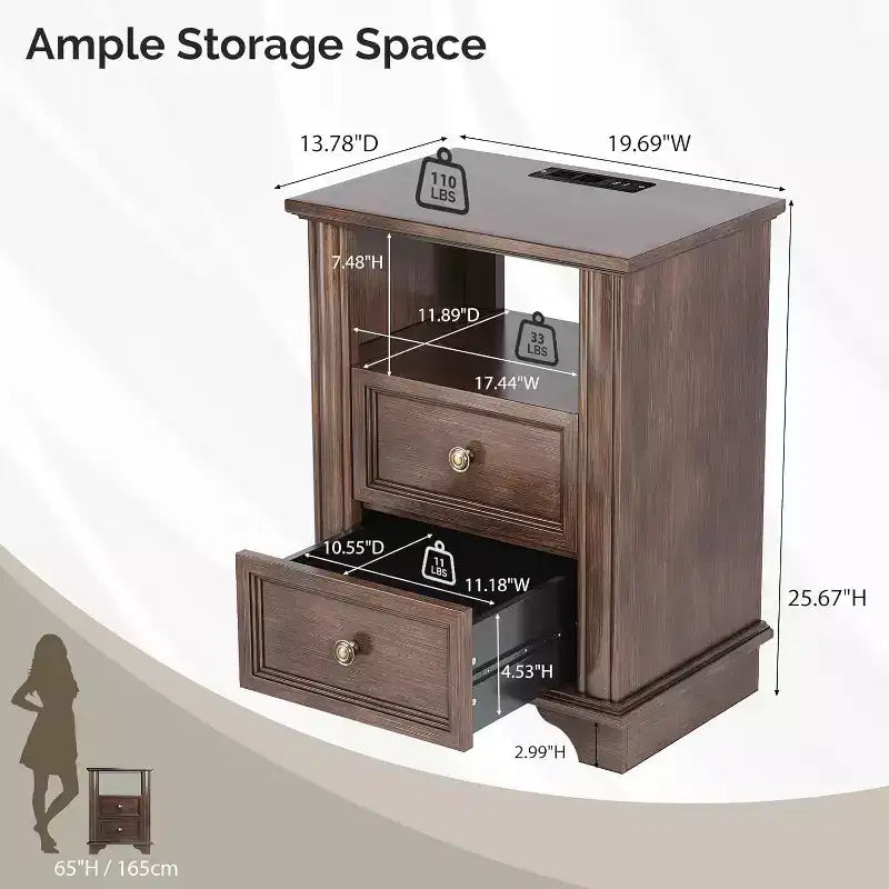 VINGLI Table de Chevet 50 cm avec Station de Charge, Table de Nuit en Bois avec Tiroirs, Table de Chevet pour Chambre à Coucher