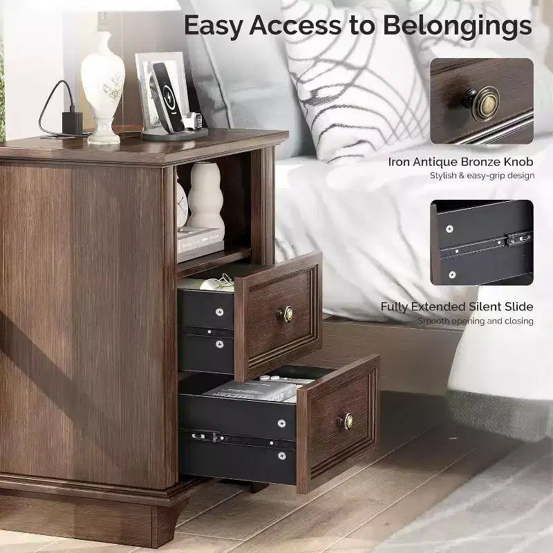 VINGLI Table de Chevet 50 cm avec Station de Charge, Table de Nuit en Bois avec Tiroirs, Table de Chevet pour Chambre à Coucher