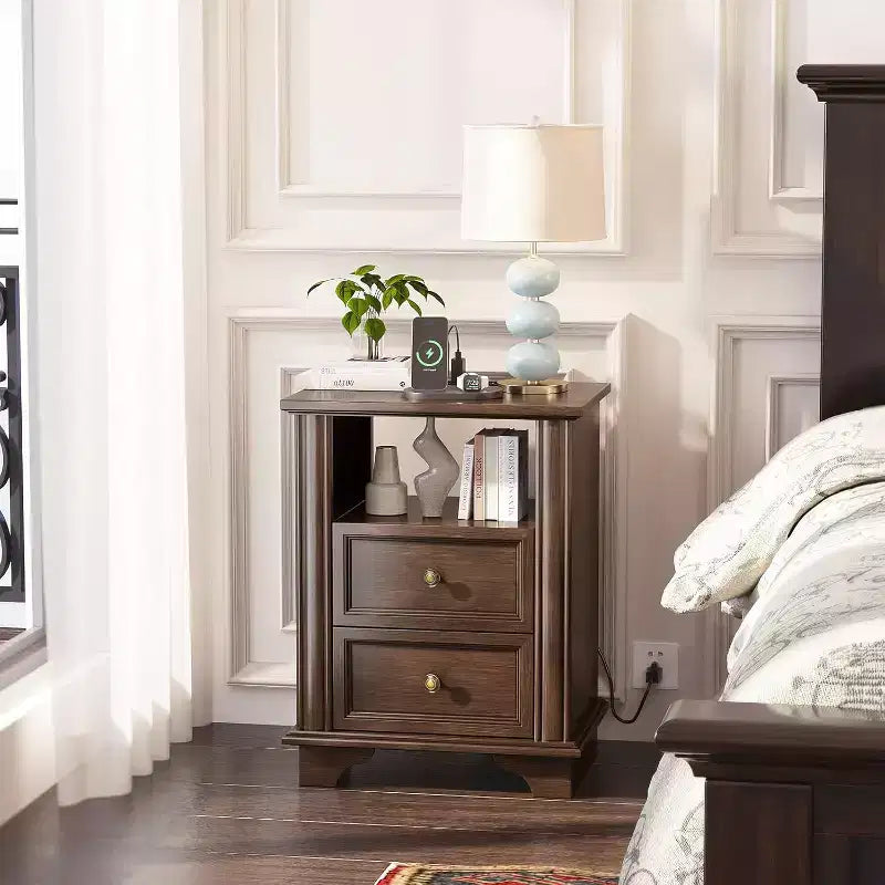 VINGLI Table de Chevet 50 cm avec Station de Charge, Table de Nuit en Bois avec Tiroirs, Table de Chevet pour Chambre à Coucher