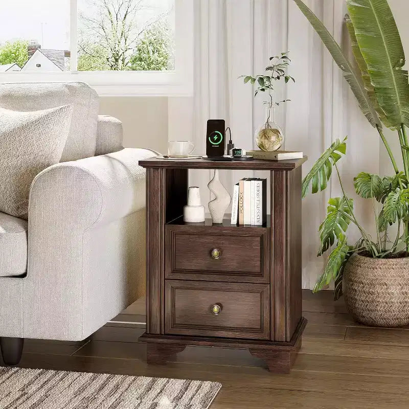 VINGLI Table de Chevet 50 cm avec Station de Charge, Table de Nuit en Bois avec Tiroirs, Table de Chevet pour Chambre à Coucher