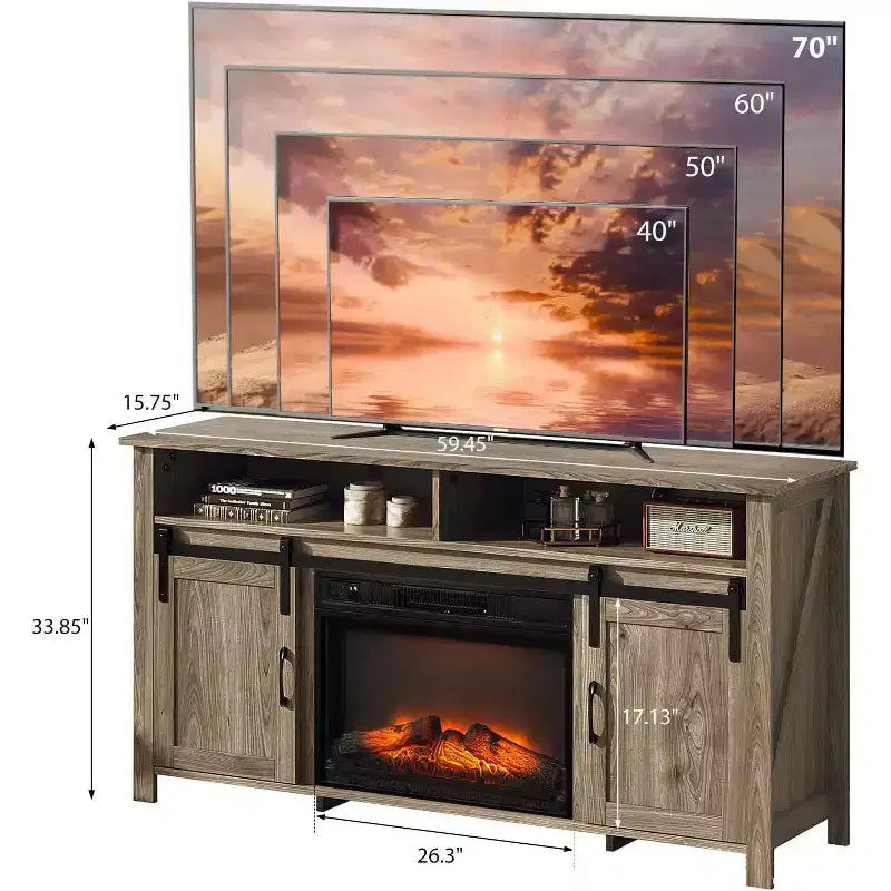Meuble TV VINGLI avec cheminée et porte coulissante de style grange pour téléviseur de 70 pouces, meuble TV style ferme avec cheminée de 23 pouces, table console média avec cheminée