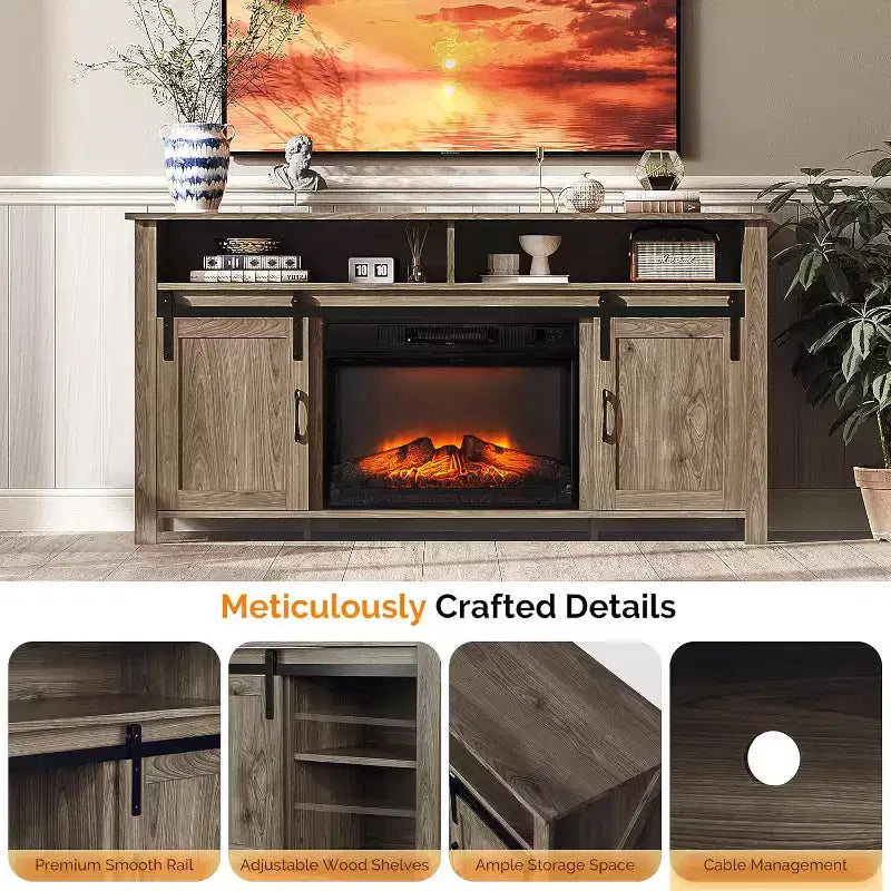 Meuble TV VINGLI avec cheminée et porte coulissante de style grange pour téléviseur de 70 pouces, meuble TV style ferme avec cheminée de 23 pouces, table console média avec cheminée