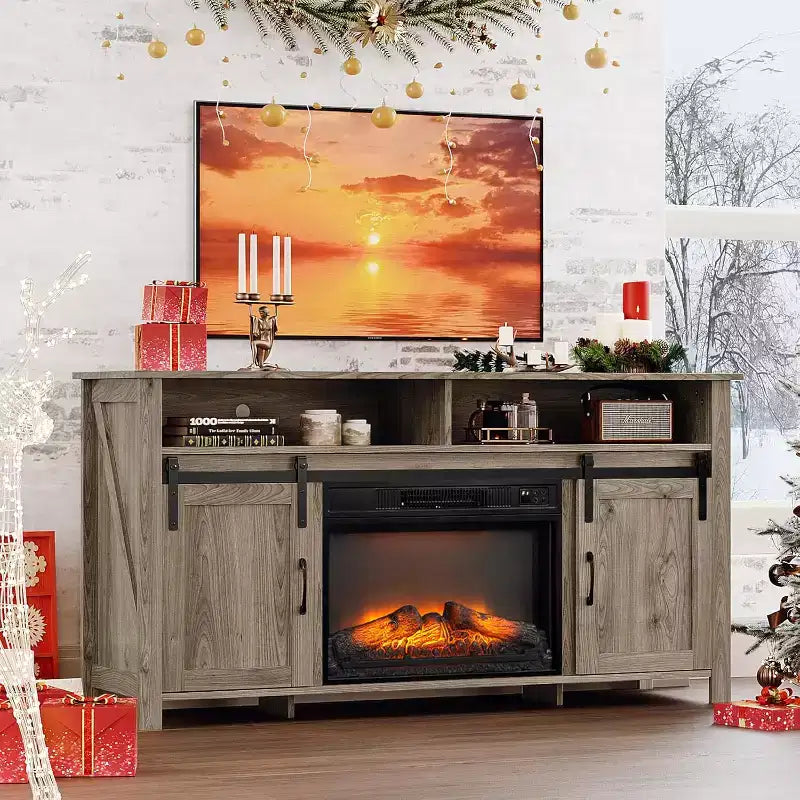 Meuble TV VINGLI avec cheminée et porte coulissante de style grange pour téléviseur de 70 pouces, meuble TV style ferme avec cheminée de 23 pouces, table console média avec cheminée