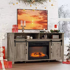 Meuble TV VINGLI avec cheminée et porte coulissante de style grange pour téléviseur de 70 pouces, meuble TV style ferme avec cheminée de 23 pouces, table console média avec cheminée