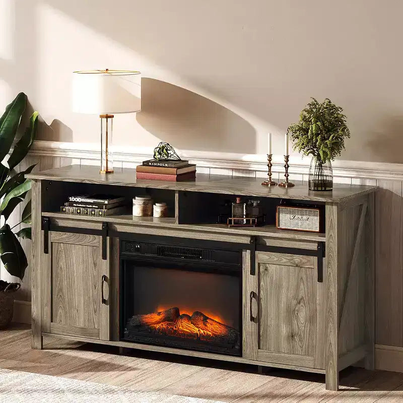Meuble TV VINGLI avec cheminée et porte coulissante de style grange pour téléviseur de 70 pouces, meuble TV style ferme avec cheminée de 23 pouces, table console média avec cheminée
