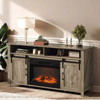 Meuble TV VINGLI avec cheminée et porte coulissante de style grange pour téléviseur de 70 pouces, meuble TV style ferme avec cheminée de 23 pouces, table console média avec cheminée