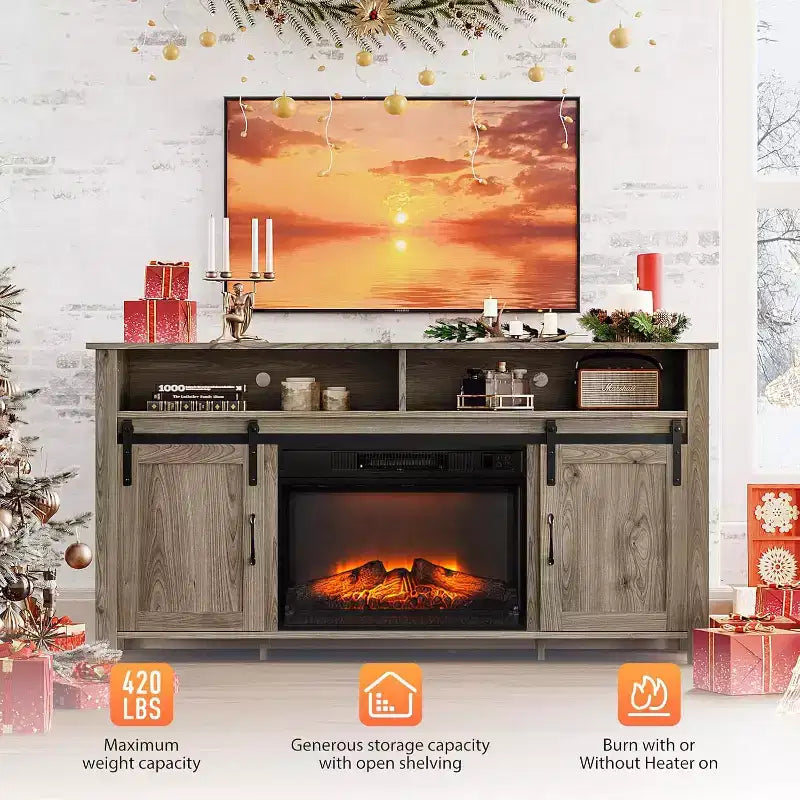 Meuble TV VINGLI avec cheminée et porte coulissante de style grange pour téléviseur de 70 pouces, meuble TV style ferme avec cheminée de 23 pouces, table console média avec cheminée