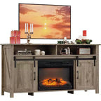 Meuble TV VINGLI avec cheminée et porte coulissante de style grange pour téléviseur de 70 pouces, meuble TV style ferme avec cheminée de 23 pouces, table console média avec cheminée
