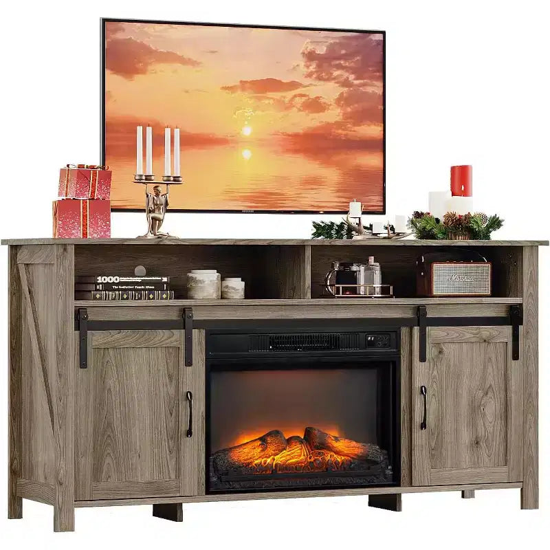 Meuble TV VINGLI avec cheminée et porte coulissante de style grange pour téléviseur de 70 pouces, meuble TV style ferme avec cheminée de 23 pouces, table console média avec cheminée