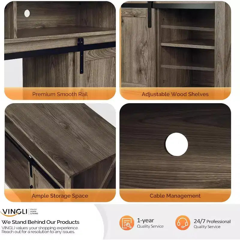 Meuble TV VINGLI avec cheminée et porte coulissante de style grange pour téléviseur de 70 pouces, meuble TV style ferme avec cheminée de 23 pouces, table console média avec cheminée
