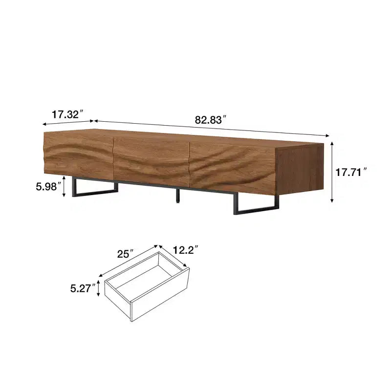 Meuble TV Luck Live 82.83 de style moderne du milieu du siècle en bois massif – 3 tiroirs, pieds en métal et trous de ventilation