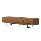 Meuble TV Luck Live 82.83 de style moderne du milieu du siècle en bois massif – 3 tiroirs, pieds en métal et trous de ventilation