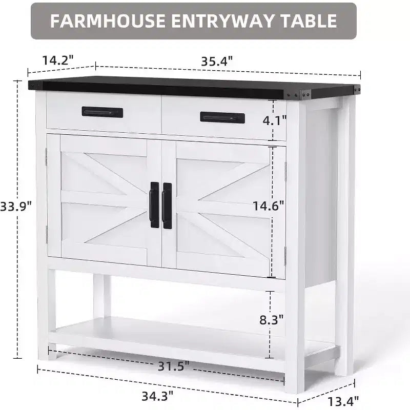 Table console de ferme de 89,9 cm avec 2 tiroirs de rangement et armoire à 2 portes, table d'entrée avec étagère de rangement, pour cuisine, couloir, salon