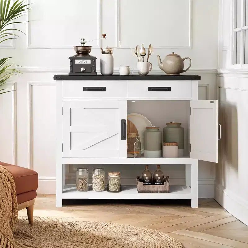 Table console de ferme de 89,9 cm avec 2 tiroirs de rangement et armoire à 2 portes, table d'entrée avec étagère de rangement, pour cuisine, couloir, salon