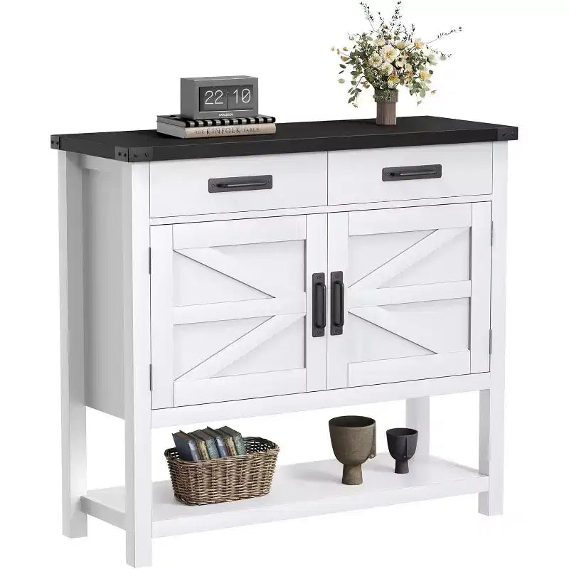 Table console de ferme de 89,9 cm avec 2 tiroirs de rangement et armoire à 2 portes, table d'entrée avec étagère de rangement, pour cuisine, couloir, salon