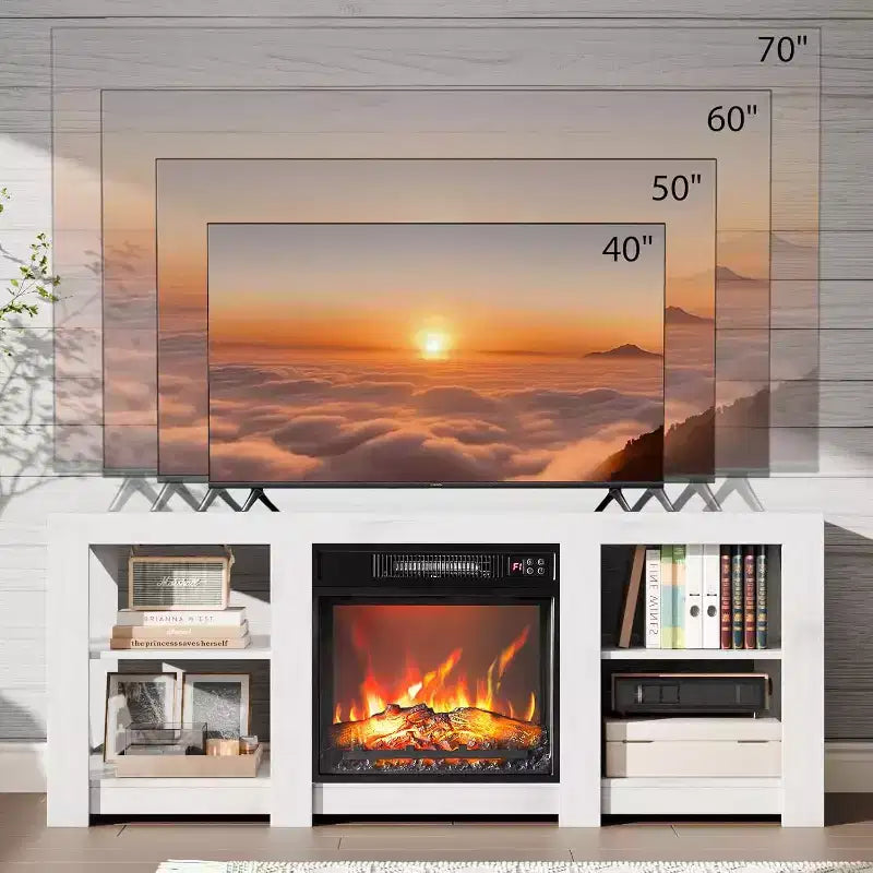 Meuble TV VINGLI avec foyer pour téléviseurs jusqu'à 70 pouces, meuble de divertissement style ferme avec cheminée électrique et étagères réglables