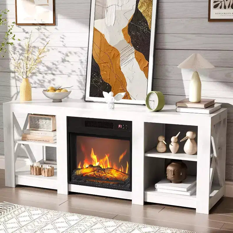 Meuble TV VINGLI avec foyer pour téléviseurs jusqu'à 70 pouces, meuble de divertissement style ferme avec cheminée électrique et étagères réglables