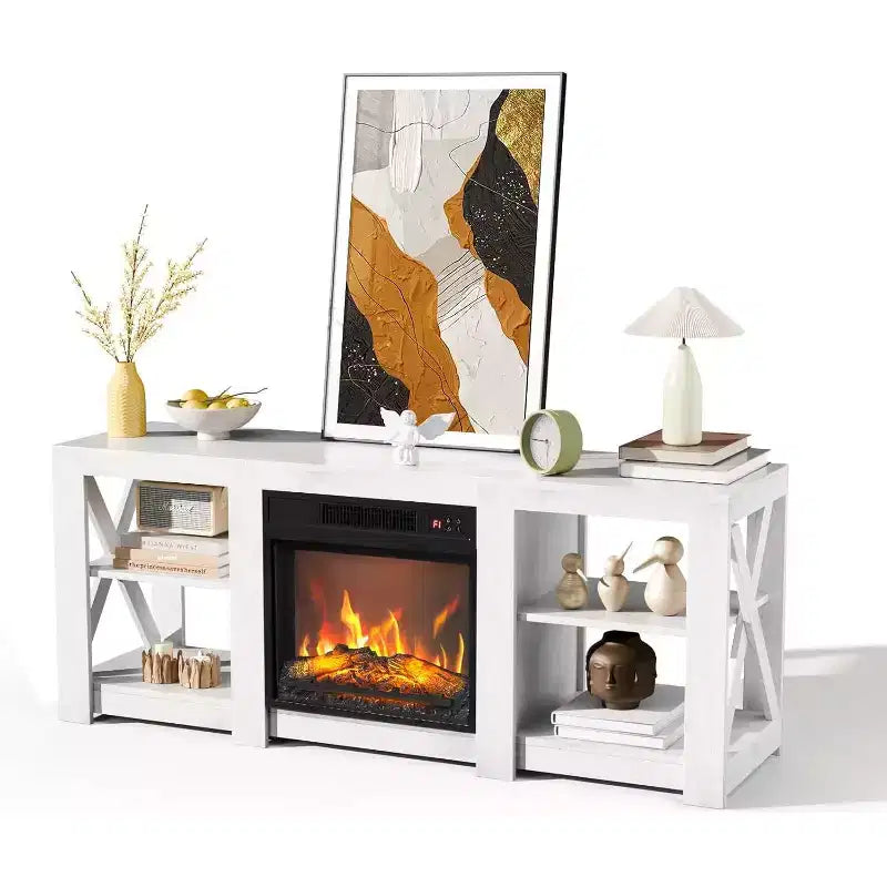Meuble TV VINGLI avec foyer pour téléviseurs jusqu'à 70 pouces, meuble de divertissement style ferme avec cheminée électrique et étagères réglables