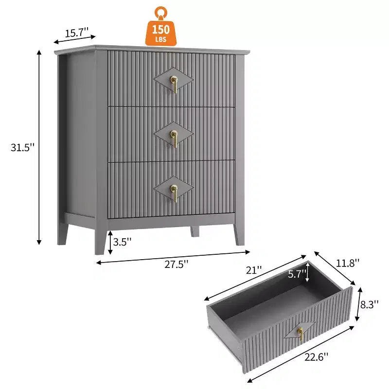 Commode GustoWave pour chambre à coucher avec 3 tiroirs, commode moderne de 71 cm de large avec poignée métallique, organisateur de tiroirs en bois pour chambre à coucher, salon
