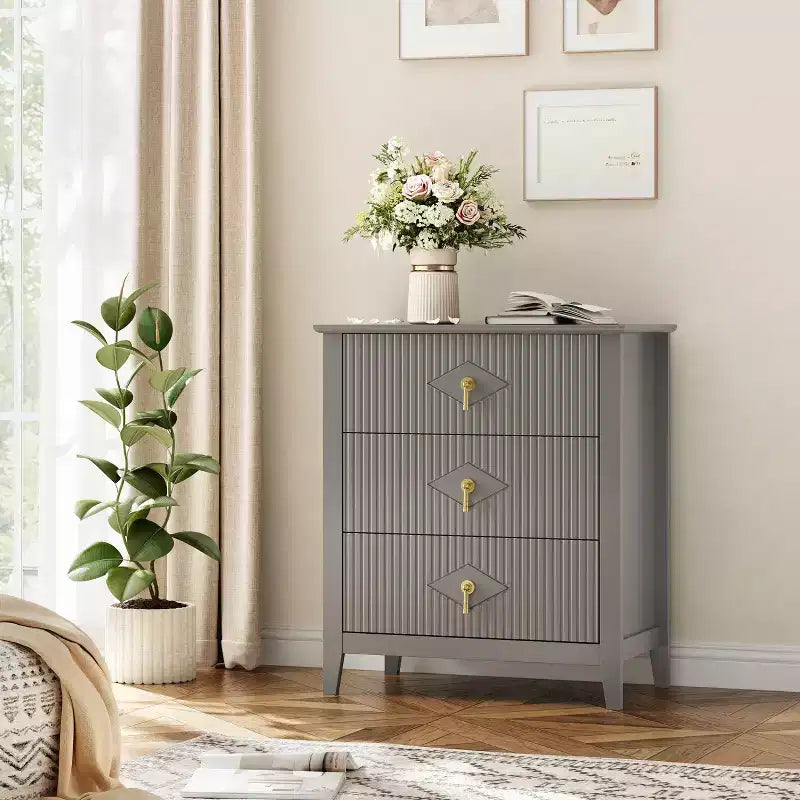 Commode GustoWave pour chambre à coucher avec 3 tiroirs, commode moderne de 71 cm de large avec poignée métallique, organisateur de tiroirs en bois pour chambre à coucher, salon