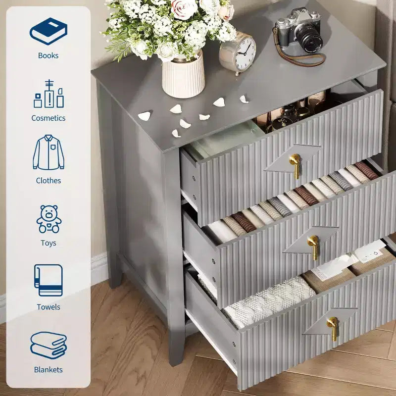 Commode GustoWave pour chambre à coucher avec 3 tiroirs, commode moderne de 71 cm de large avec poignée métallique, organisateur de tiroirs en bois pour chambre à coucher, salon