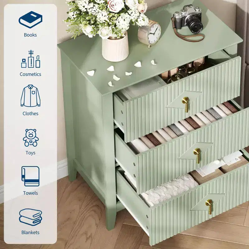 Commode GustoWave pour chambre à coucher avec 3 tiroirs, commode moderne de 71 cm de large avec poignée métallique, organisateur de tiroirs en bois pour chambre à coucher, salon