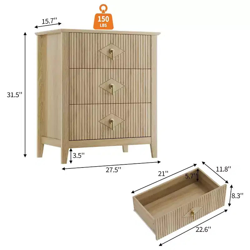 Commode GustoWave pour chambre à coucher avec 3 tiroirs, commode moderne de 71 cm de large avec poignée métallique, organisateur de tiroirs en bois pour chambre à coucher, salon