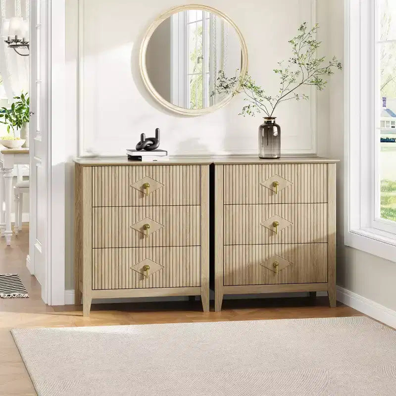 Commode GustoWave pour chambre à coucher avec 3 tiroirs, commode moderne de 71 cm de large avec poignée métallique, organisateur de tiroirs en bois pour chambre à coucher, salon