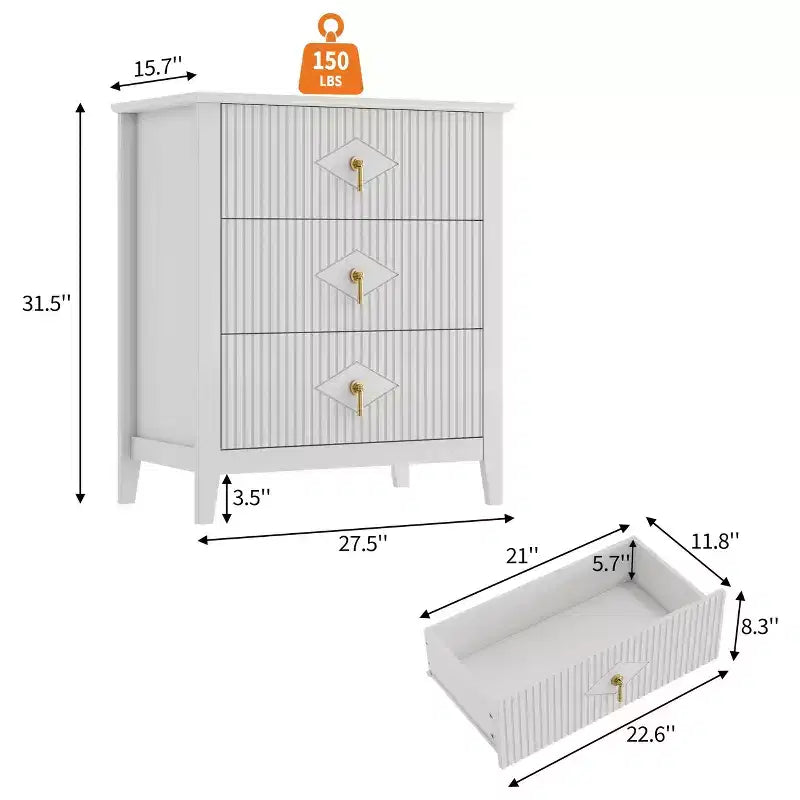 Commode GustoWave pour chambre à coucher avec 3 tiroirs, commode moderne de 71 cm de large avec poignée métallique, organisateur de tiroirs en bois pour chambre à coucher, salon