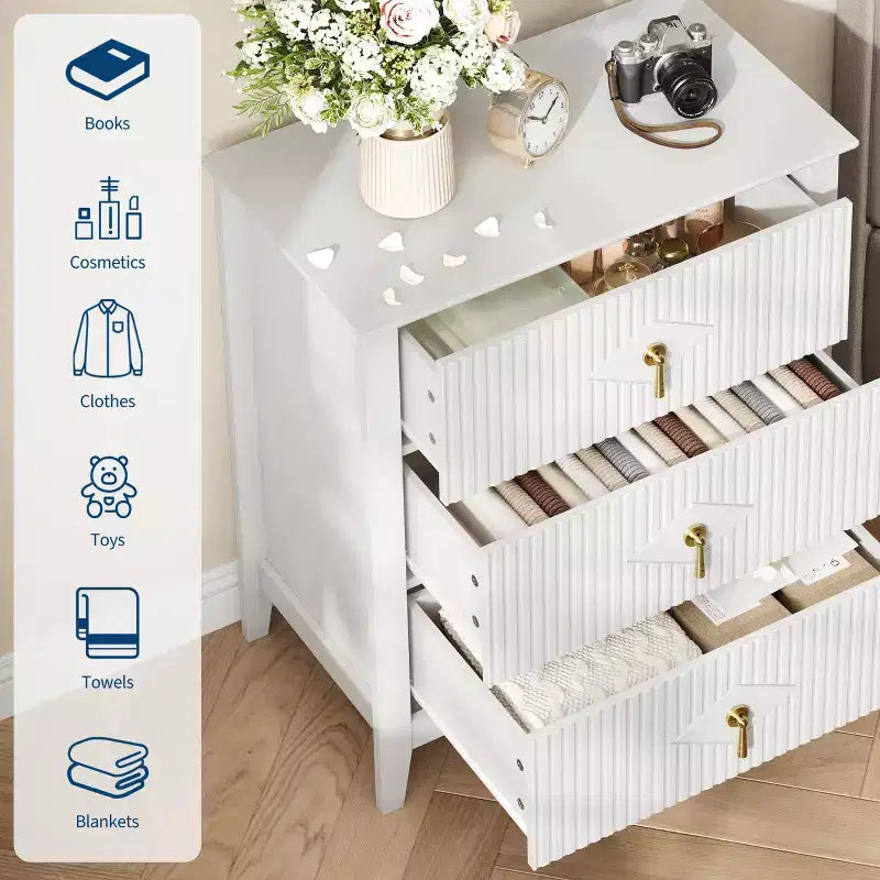 Commode GustoWave pour chambre à coucher avec 3 tiroirs, commode moderne de 71 cm de large avec poignée métallique, organisateur de tiroirs en bois pour chambre à coucher, salon