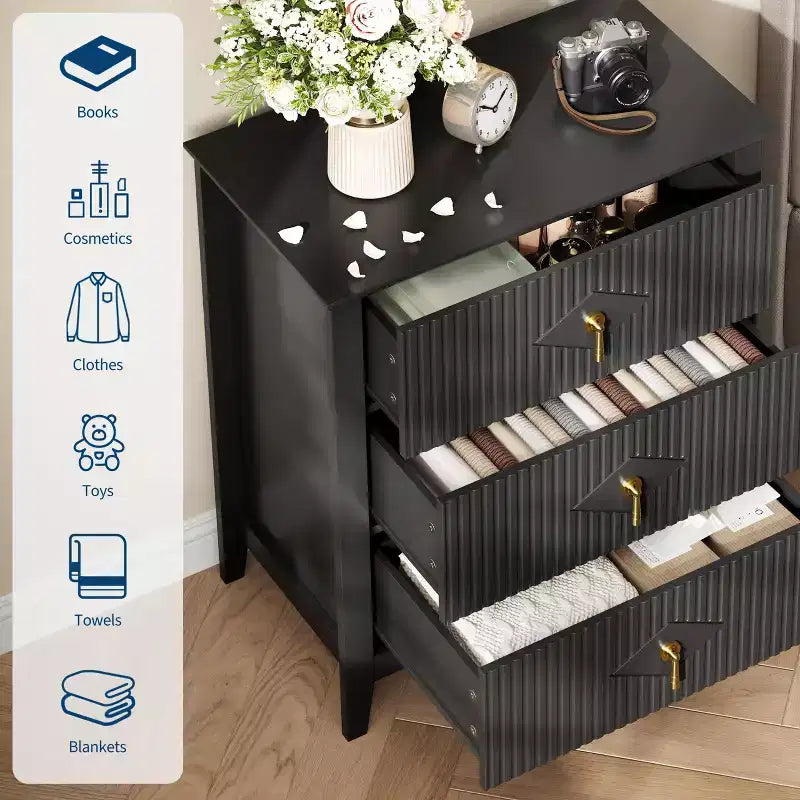 Commode GustoWave pour chambre à coucher avec 3 tiroirs, commode moderne de 71 cm de large avec poignée métallique, organisateur de tiroirs en bois pour chambre à coucher, salon