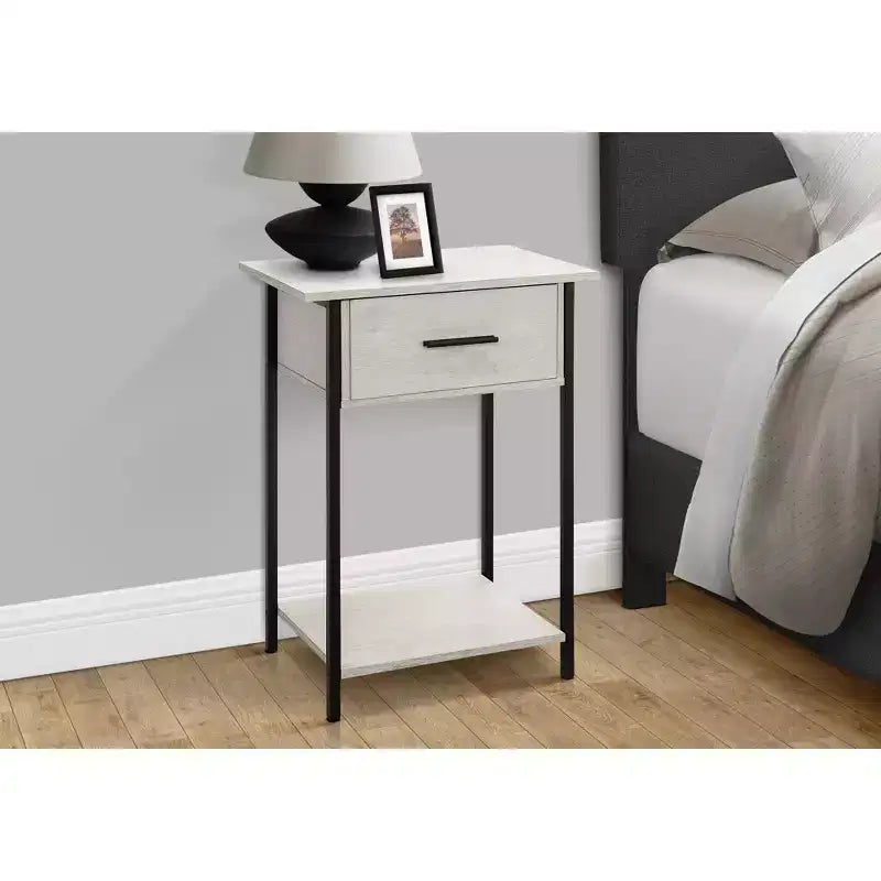 Table d'appoint Okak avec tiroirs de rangement, table d'appoint avec étagère inférieure et pieds en métal, table de canapé pour petit espace, salon