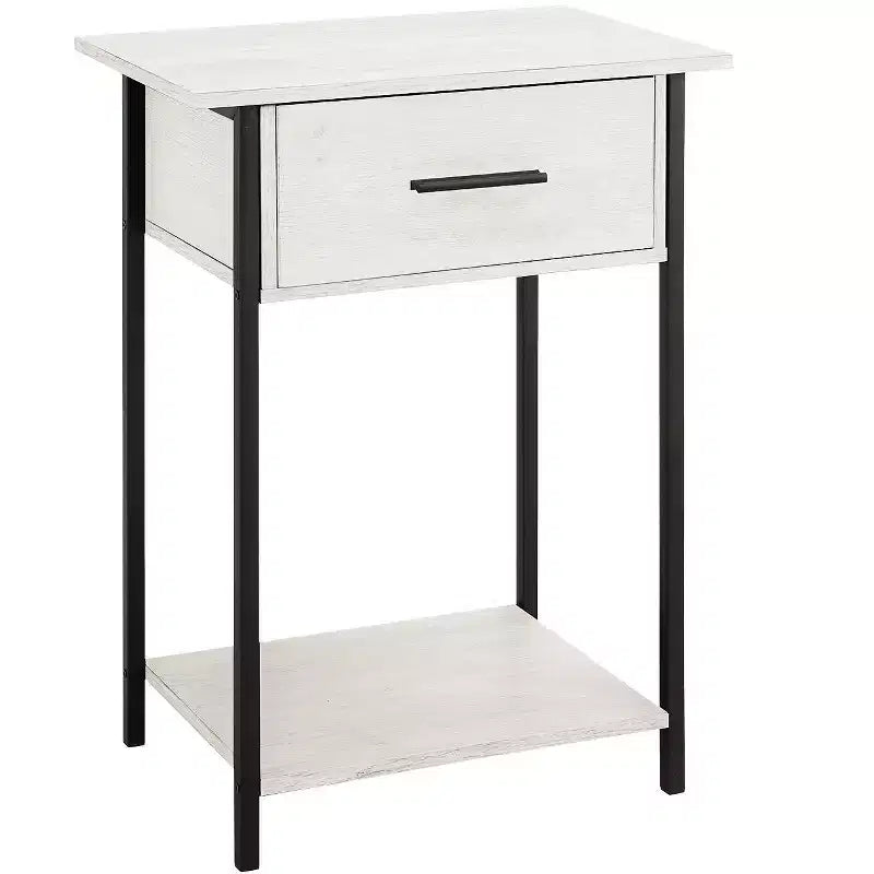 Table d'appoint Okak avec tiroirs de rangement, table d'appoint avec étagère inférieure et pieds en métal, table de canapé pour petit espace, salon