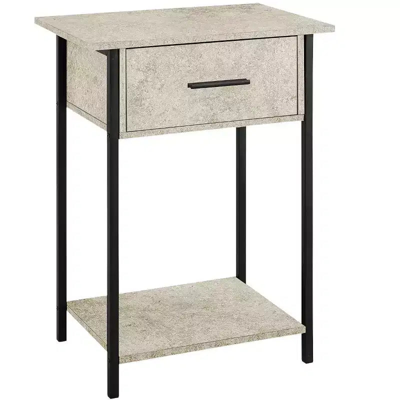 Table d'appoint Okak avec tiroirs de rangement, table d'appoint avec étagère inférieure et pieds en métal, table de canapé pour petit espace, salon