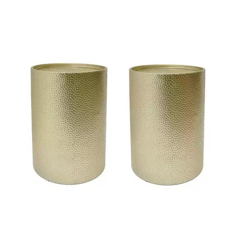 Tables d'appoint rondes modernes Okak avec marques de marteau, tables d'appoint cylindriques avec motif rainuré, tables de canapé pour salon, chambre, lot de 2