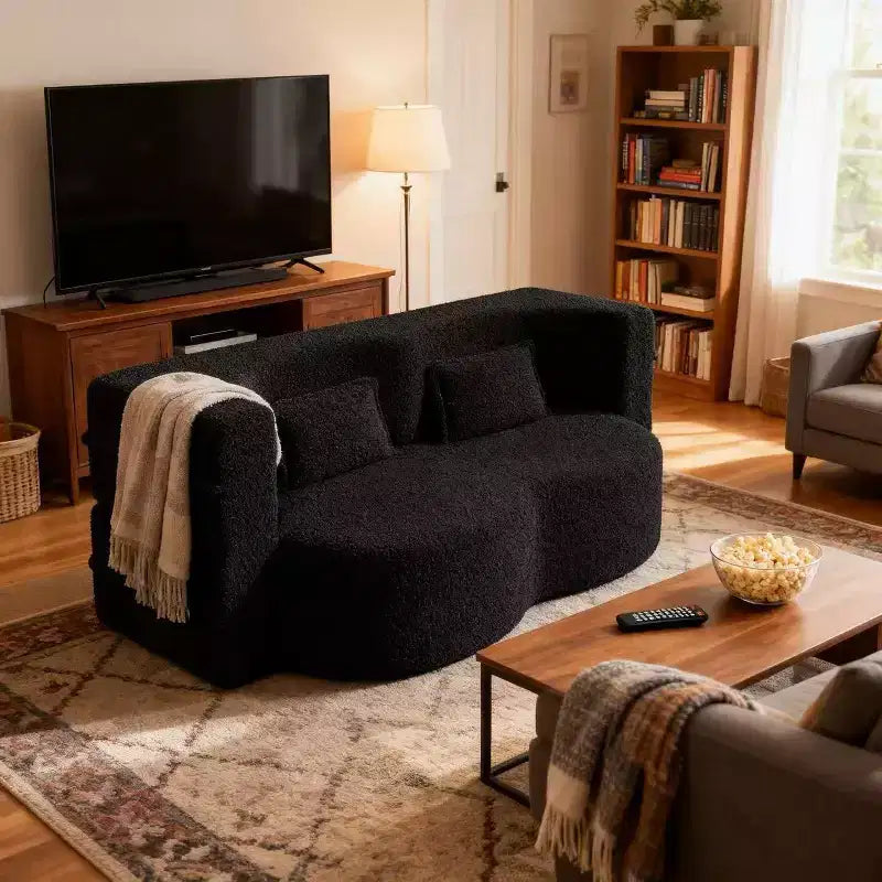 Canapé-lit convertible Boucle Homy Casa avec design incurvé et coussins moelleux, pour salon ou chambre d'amis