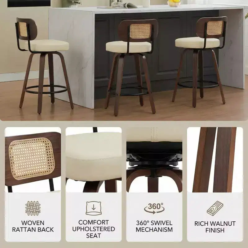 Homy Casa - Ensemble de 3 tabourets de bar pivotants à hauteur de comptoir, dossier en rotin avec assise rembourrée, pieds en bois de noyer, hauteur d'assise de 65 cm