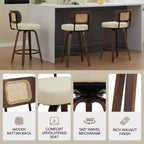 Homy Casa - Ensemble de 3 tabourets de bar pivotants à hauteur de comptoir, dossier en rotin avec assise rembourrée, pieds en bois de noyer, hauteur d'assise de 65 cm