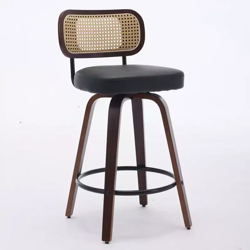Homy Casa - Ensemble de 3 tabourets de bar pivotants à hauteur de comptoir, dossier en rotin avec assise rembourrée, pieds en bois de noyer, hauteur d'assise de 65 cm