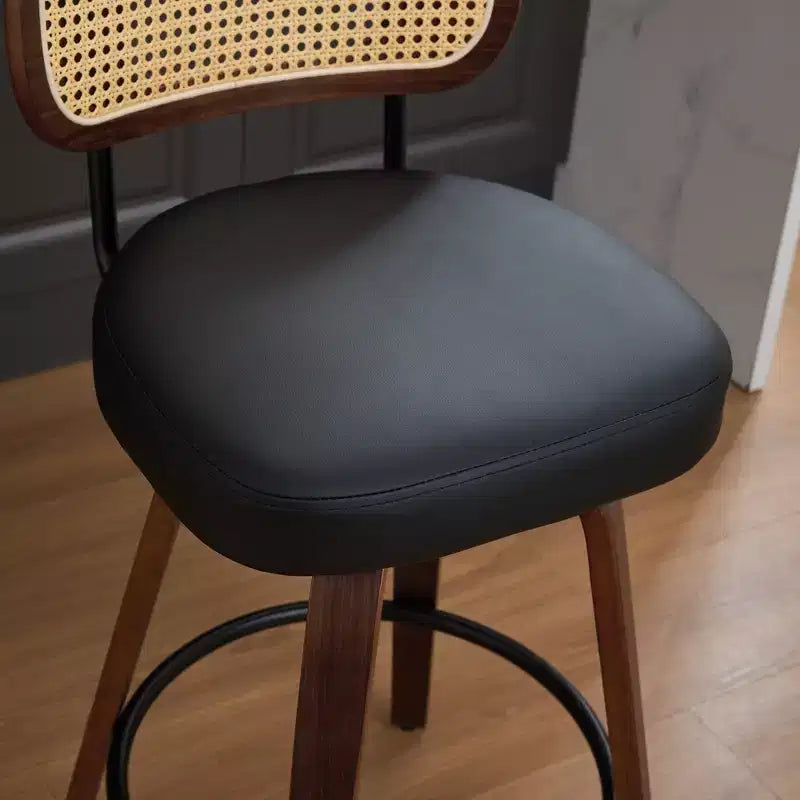 Homy Casa - Ensemble de 3 tabourets de bar pivotants à hauteur de comptoir, dossier en rotin avec assise rembourrée, pieds en bois de noyer, hauteur d'assise de 65 cm