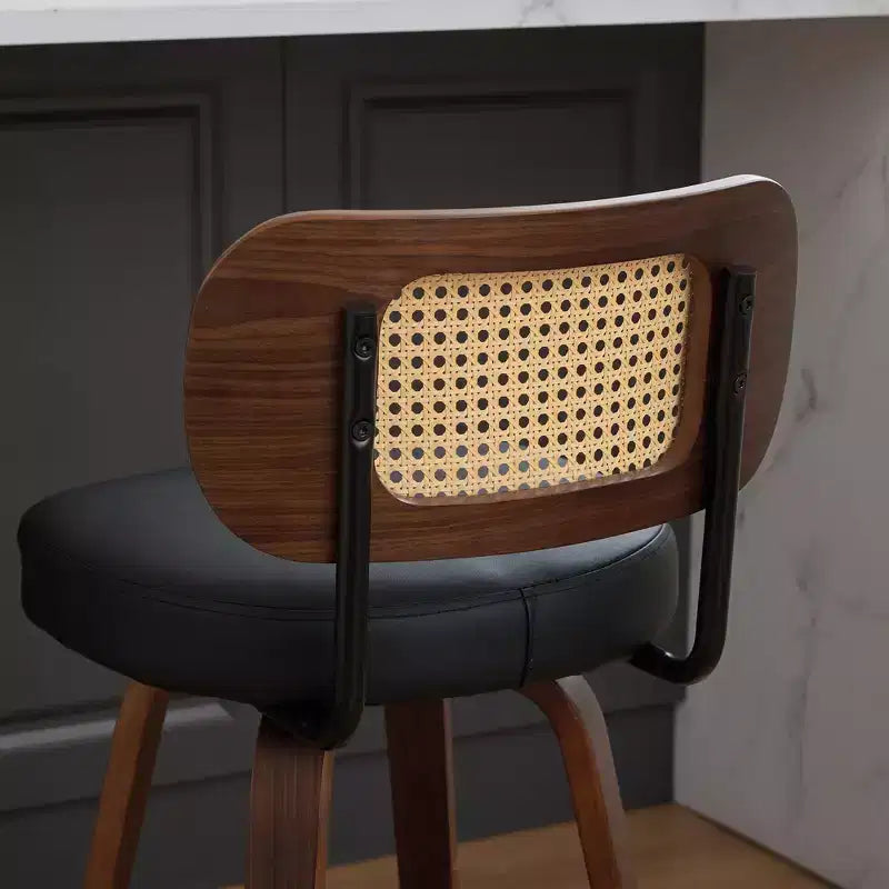 Homy Casa - Ensemble de 3 tabourets de bar pivotants à hauteur de comptoir, dossier en rotin avec assise rembourrée, pieds en bois de noyer, hauteur d'assise de 65 cm
